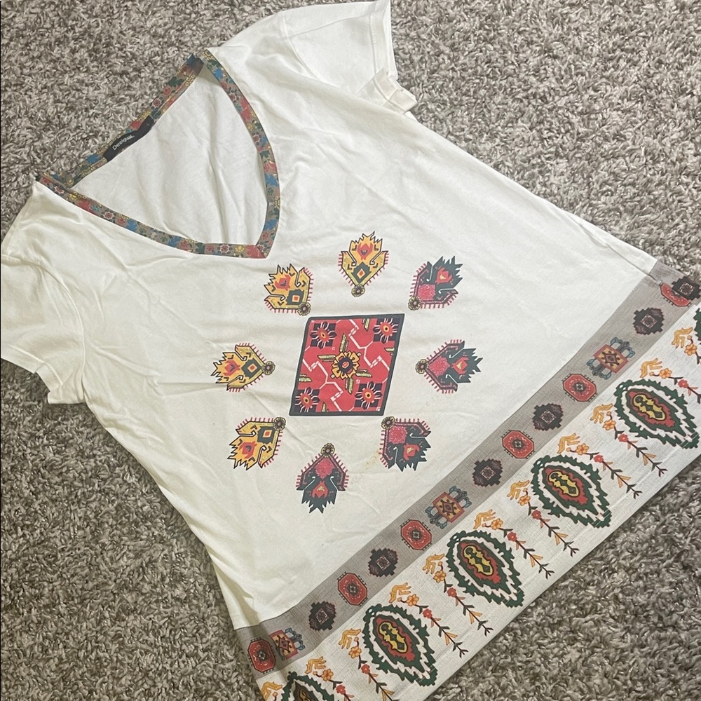 Bohemian White V-Neck Top with Colorful Patterns